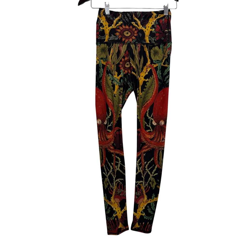 Yoga Democracy Leggings Womens XS Black Octopus Botanical Print Coral My Name